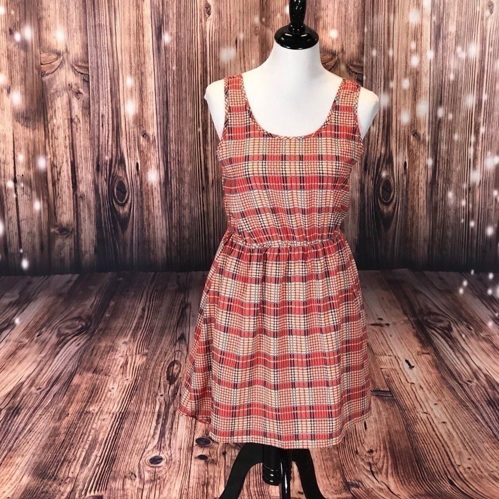 *588 Pink Owl BOW Detailed Plaid Dress